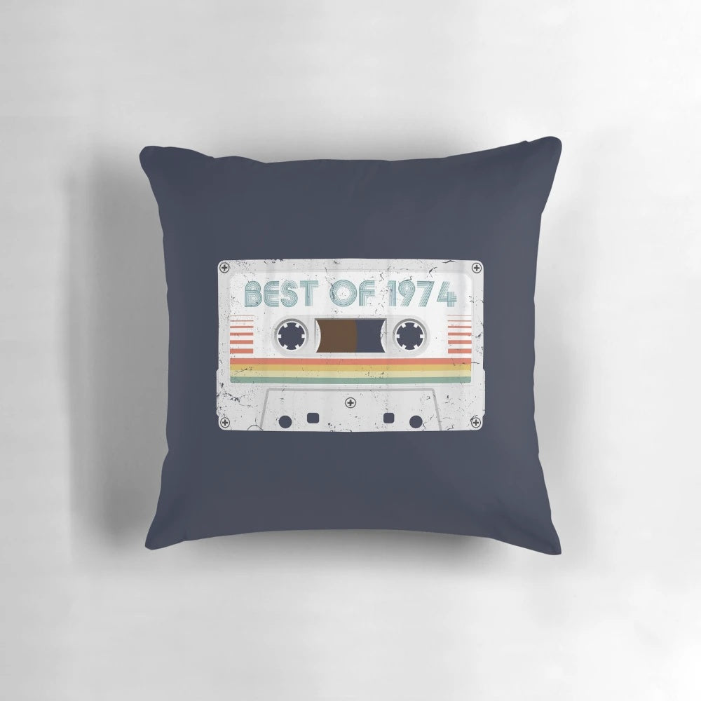 A vintage-style 50th birthday pillow featuring a distressed cassette tape design for the year 1974.