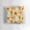 Vibrant sunflower pattern in shades of yellow and orange on a throw pillow, evoking a retro 70s aesthetic.
