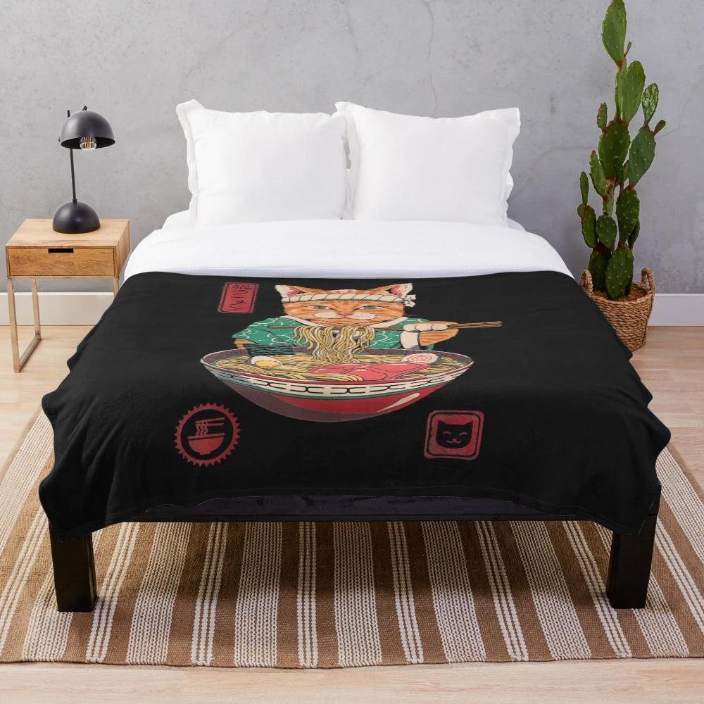 Soft and cozy plush blanket with a kawaii anime-style ramen noodle cat design