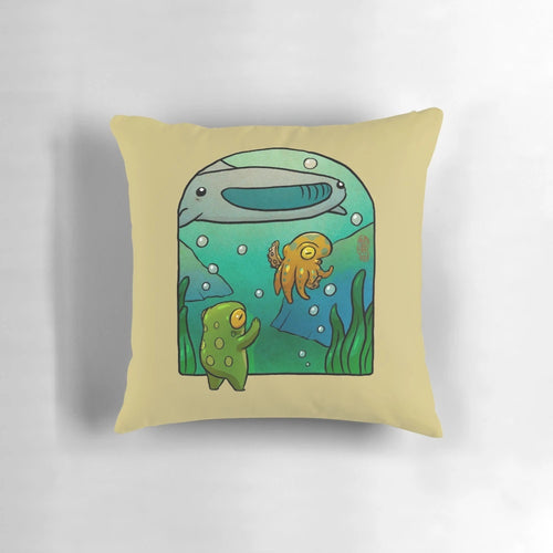 Whimsical illustration of a frog, octopus, and whale shark in an aquarium setting, in a vibrant Asian-inspired style.