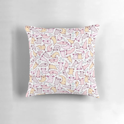 Soft, pink axolotl pillow with a cute, doodle-style design