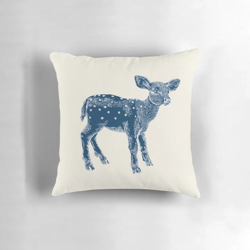 Decorative indigo and cream pillow featuring a cute baby deer illustration