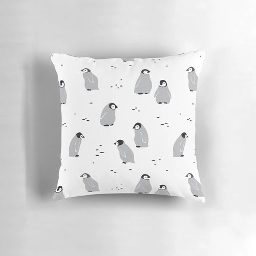 Soft, plush pillow featuring a cute, minimalist design of a baby emperor penguin chick