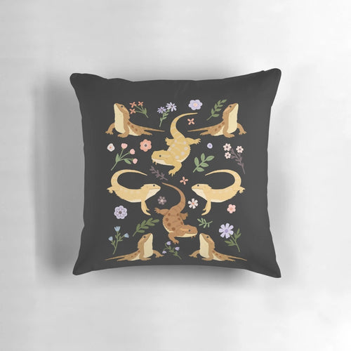 Soft, plush pillow featuring a bearded dragon lizard surrounded by beautiful floral patterns