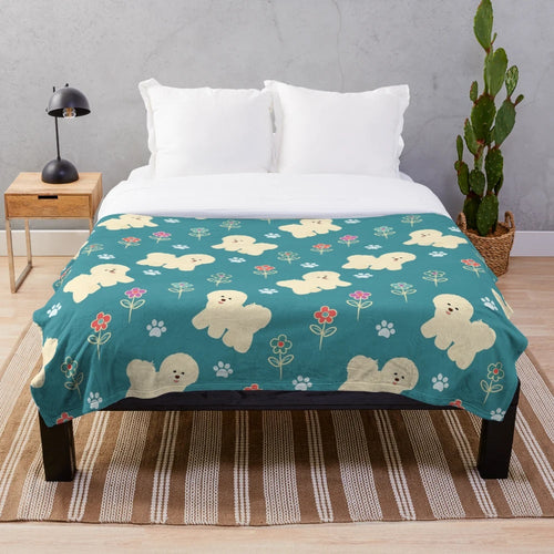 Bichon Frise plush blanket with colorful floral pattern