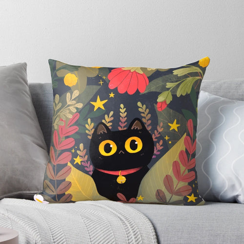 Decorative throw pillow featuring a cute black cat with big eyes surrounded by floral and plant designs