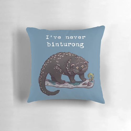 Soft, plush pillow featuring a playful illustration of a binturong, also known as a bearcat, with the text "Never Wrong
