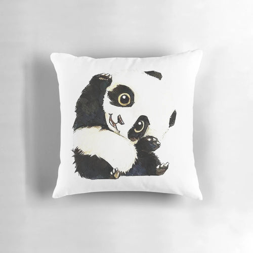 Charming panda drawing printed on a soft, plush pillow