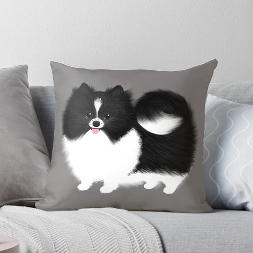 Black and white Pomeranian plush pillow, a soft and cuddly dog-themed home decor item.