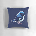 A cozy and cute throw pillow featuring an illustration of a black-throated blue warbler, a delightful songbird found in nature.