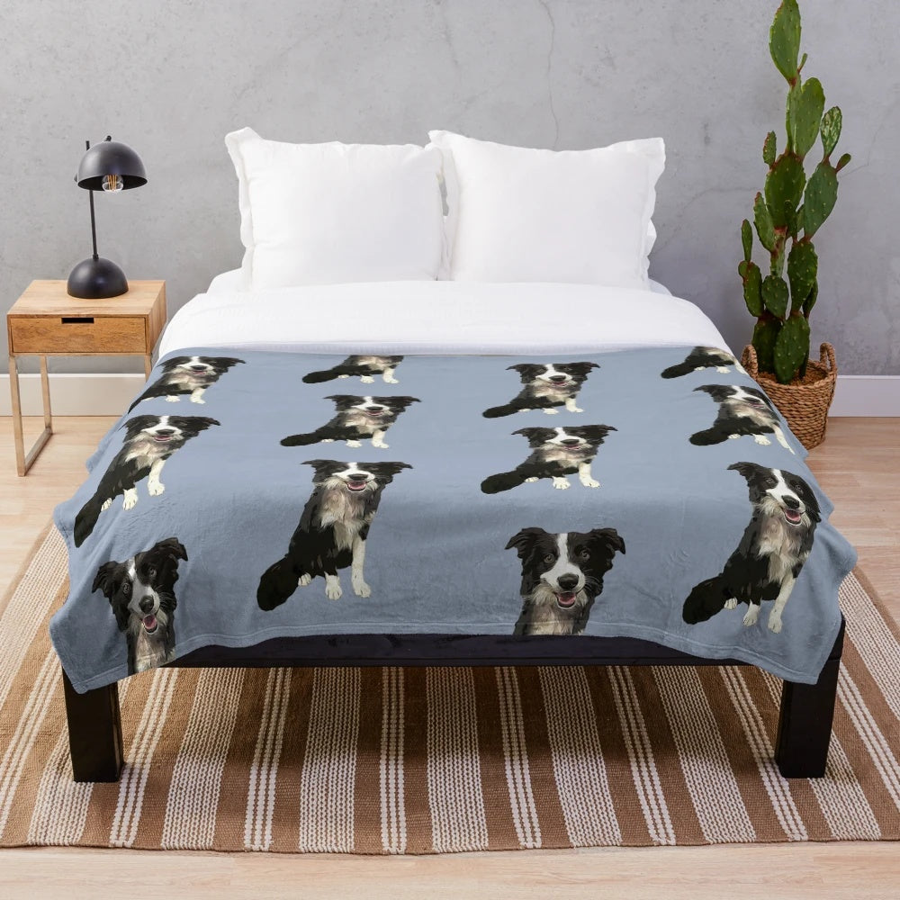 Soft and cozy border collie cartoon dog plush blanket