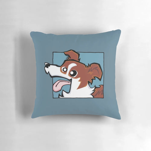 Soft and cozy pillow featuring a border collie with a red and white face on a blue background