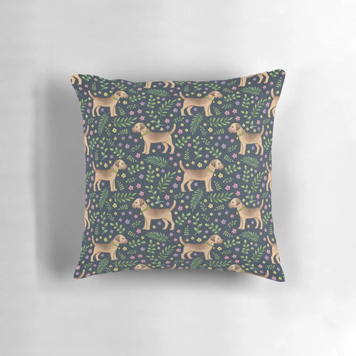 Decorative throw pillow featuring a hand-drawn border terrier and navy floral pattern design.