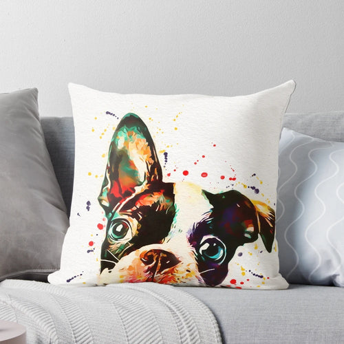 Colorful and whimsical watercolor portrait of a Boston Terrier dog, perfect for a nursery or child's room.