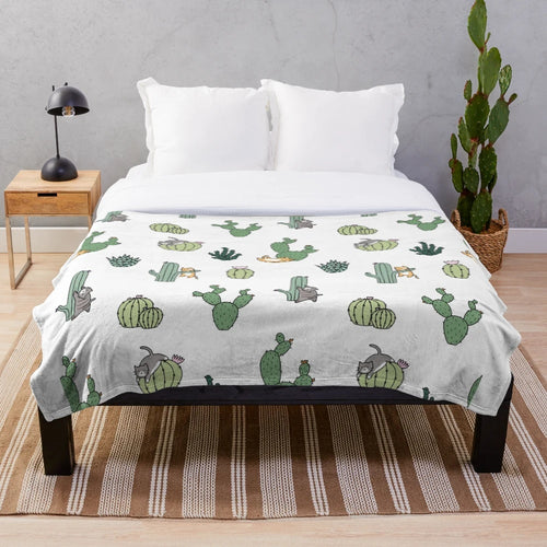 Cacti Cats Plush Blanket with Cute Feline and Cactus Pattern