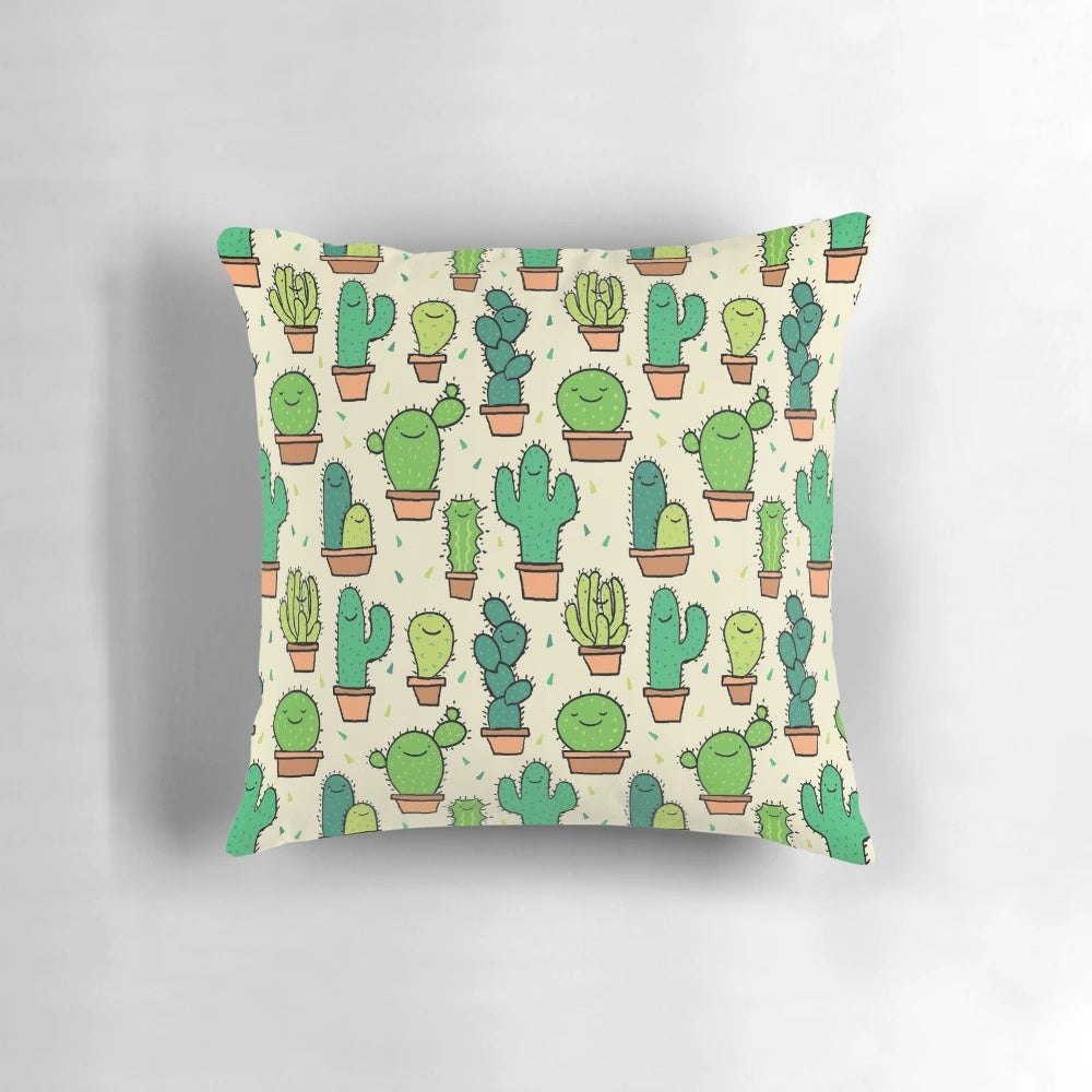 Tan background with a cheerful cactus pattern design on a plush, decorative pillow.