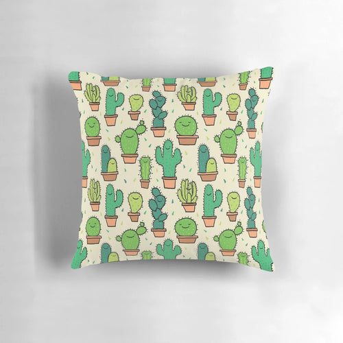 Tan background with a cheerful cactus pattern design on a plush, decorative pillow.