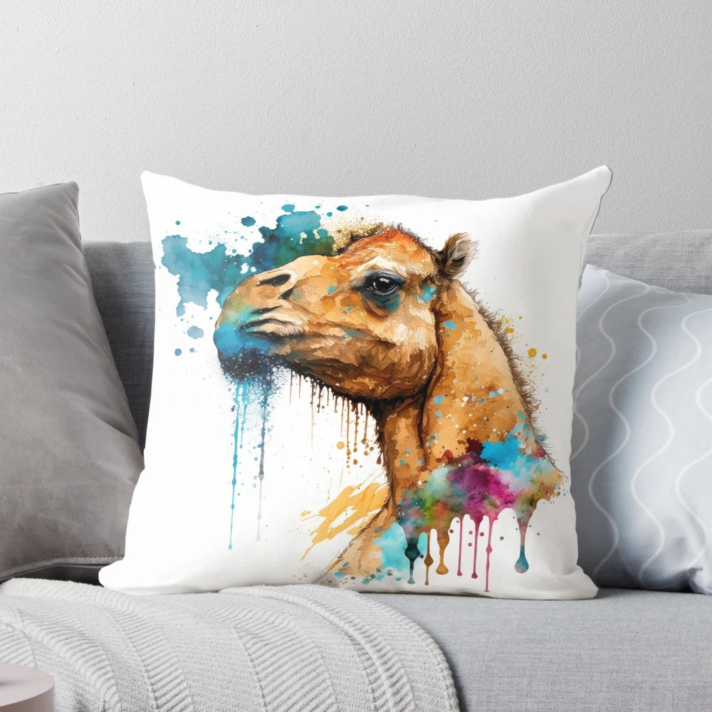 Vibrant watercolor painting of a cute camel on a throw pillow