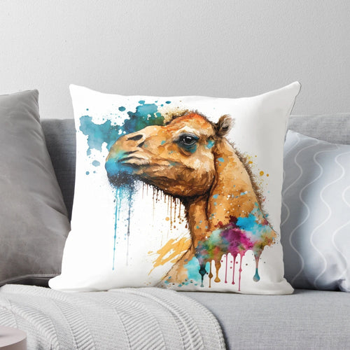 Vibrant watercolor painting of a cute camel on a throw pillow