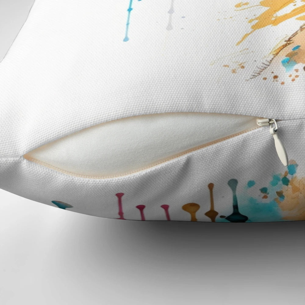 Vibrant watercolor painting of a cute camel on a throw pillow