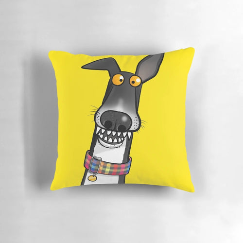 Cartoon illustration of a dog with teeth, printed on a plush pillow