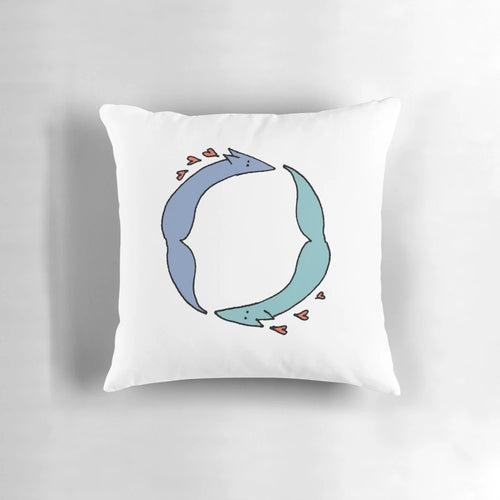 A cozy, decorative pillow featuring a cute cartoon fox couple in love.