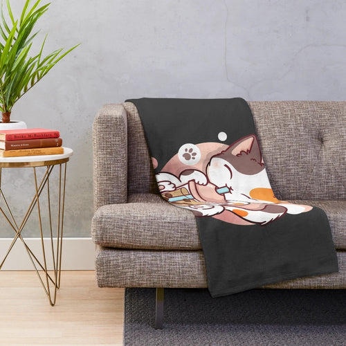 Cozy cat boba tea plush blanket with kawaii anime design