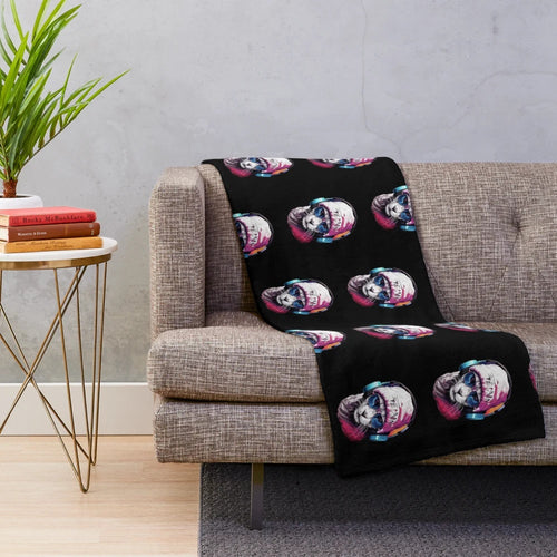 Cute cat in sunglasses, headphones and skull cap printed on a soft plush blanket