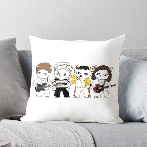 Cute cat-themed pillow featuring a playful rock band design