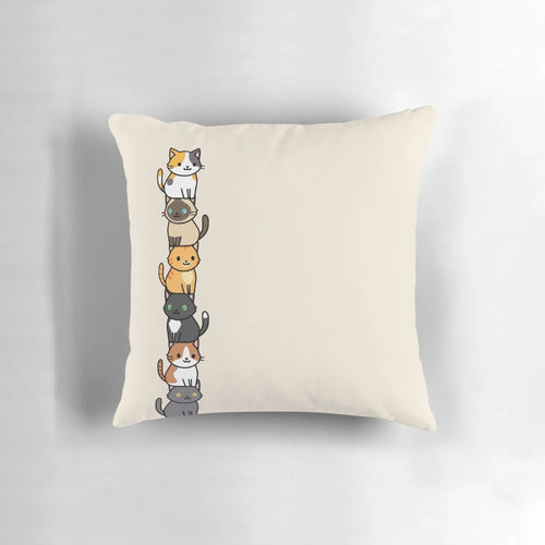 Soft, plush throw pillow featuring a cute, colorful design of cats and kittens in a variety of styles and colors.