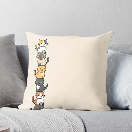 Soft, plush throw pillow featuring a cute, colorful design of cats and kittens in a variety of styles and colors.