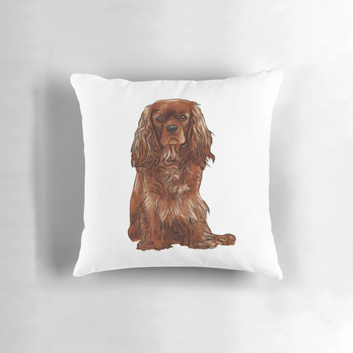 Soft, plush pillow featuring a cute and cuddly Cavalier King Charles Spaniel in a ruby color