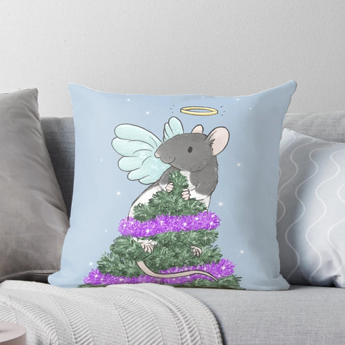 Whimsical Christmas angel rat plush pillow, perfect for pet rat owners and fans of cute rat art