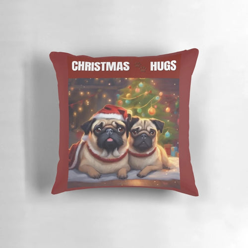 A soft, plush pillow featuring a cute pug in a Christmas hat hugging a heart