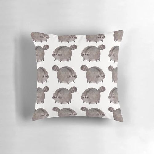 Plush pillow featuring an adorable chubby trash panda or raccoon design