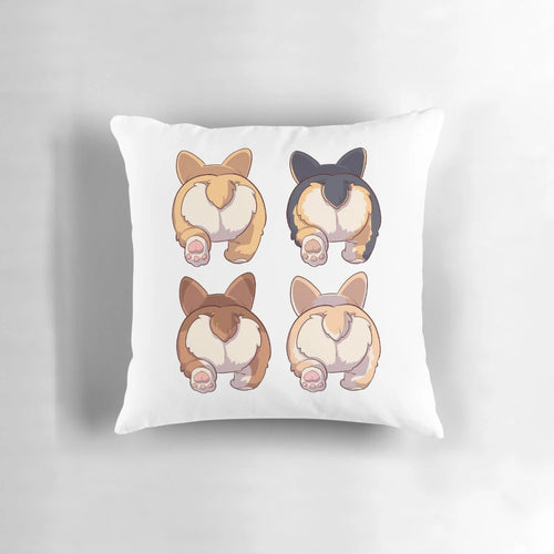 A plush, decorative pillow featuring the adorable backside of a corgi dog.