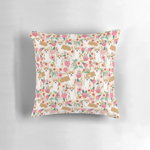 Vibrant floral pattern with a cute corgi dog on a plush pillow