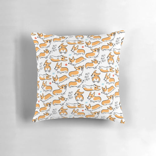 Cutie Corgis Pillow, featuring a charming pattern of playful corgis