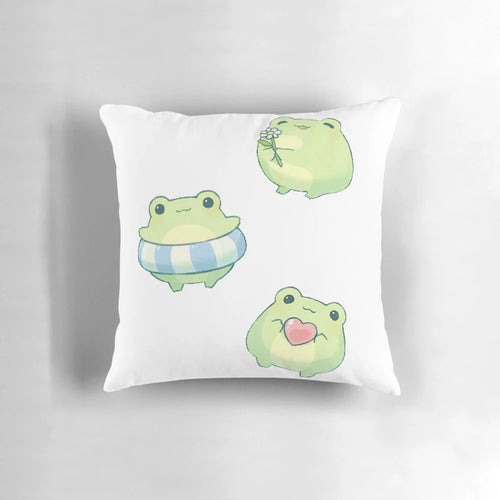 Cute plush frog pillow with a pastel cottagecore design, featuring a chubby cartoon frog, flowers, and hearts.