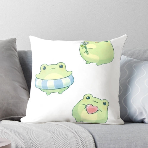 Cute plush frog pillow with a pastel cottagecore design, featuring a chubby cartoon frog, flowers, and hearts.