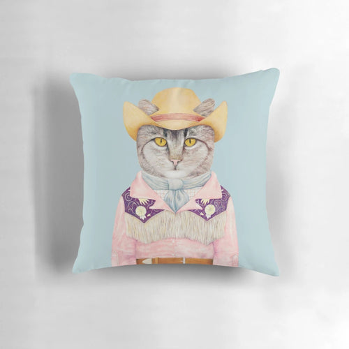 Soft and cozy cowboy cat pillow featuring a gray tabby cat in a Western-inspired outfit
