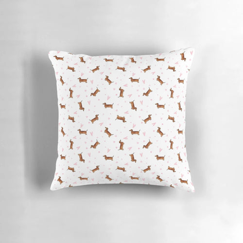 White Pillow with Dachshund and Heart Pattern Design