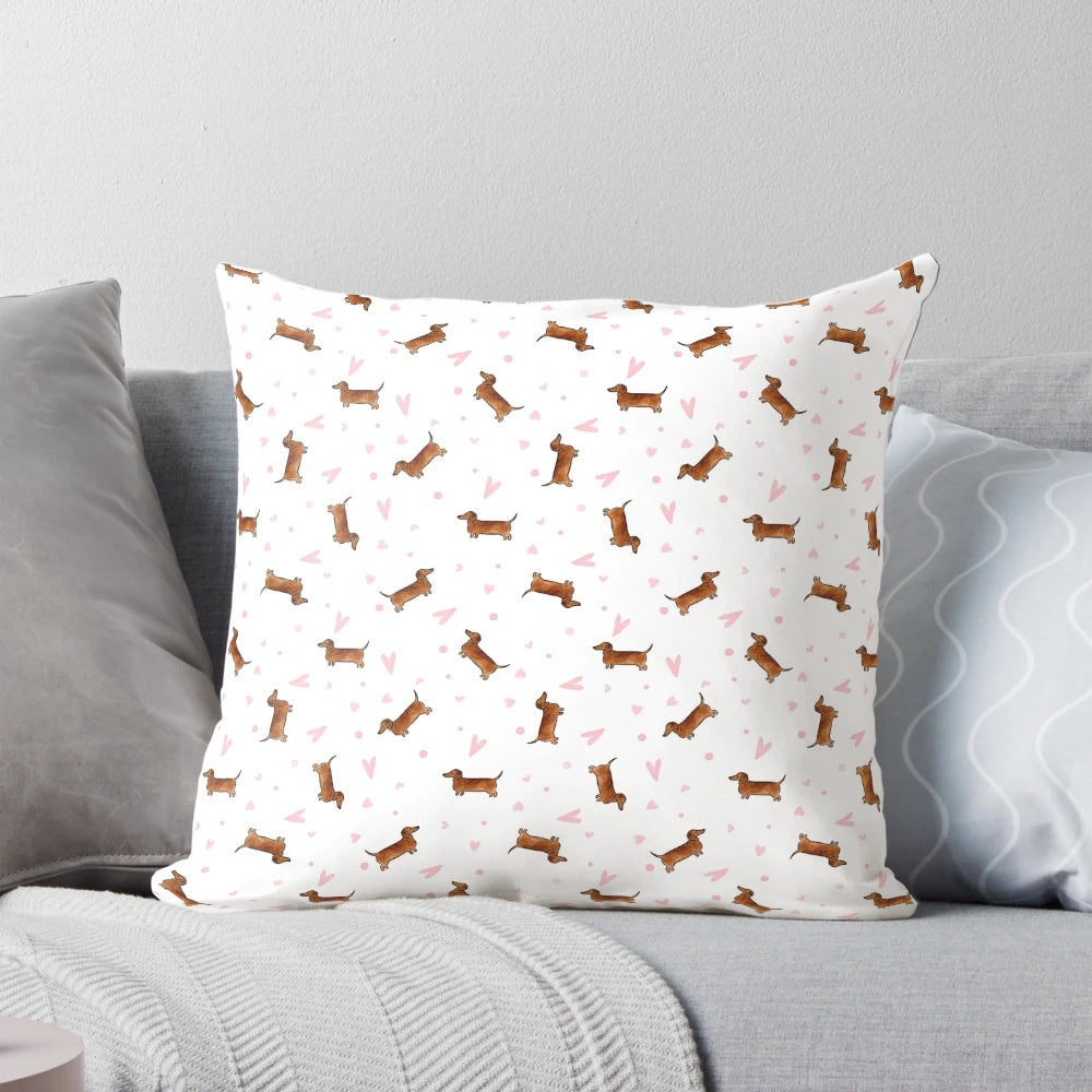 White Pillow with Dachshund and Heart Pattern Design