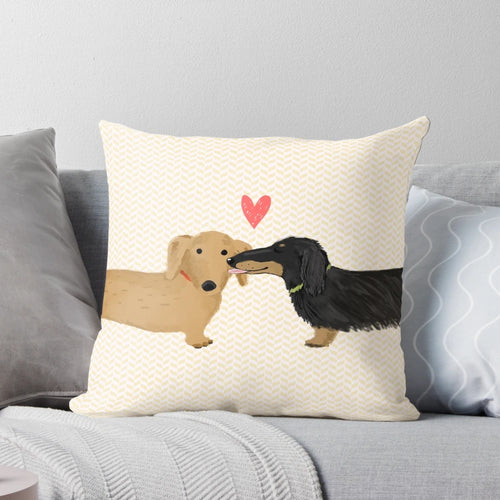 Dachshund love hearts pillow with cute wiener dog design