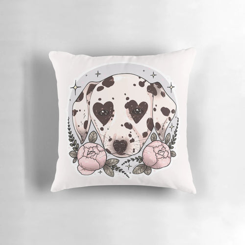 Soft and cuddly dalmatian dog puppy printed on a decorative pillow with floral pattern