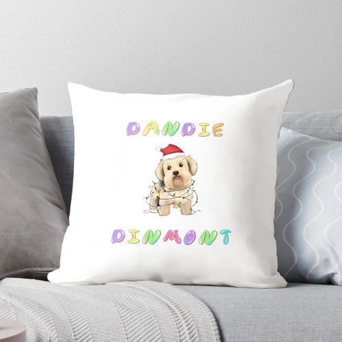Dandie Dinmont Terrier wearing a festive Christmas hat printed on a plush, cozy pillow.