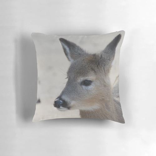 Soft, plush deer pillow featuring a realistic image of a deer