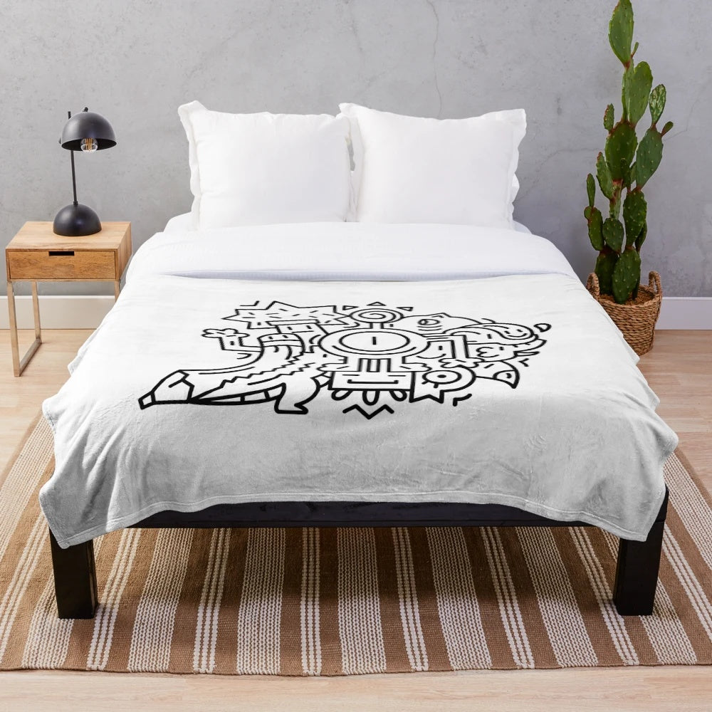 Doodle monster plush blanket with cute cartoon animal design