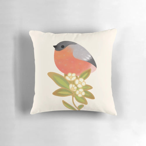 Soft, plush pillow featuring a charming illustration of a round, chubby Eurasian bullfinch bird perched amidst vibrant flowers.