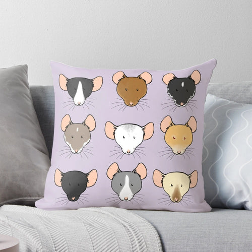 Plush pillow featuring the cute, whimsical faces of various fancy rat breeds.